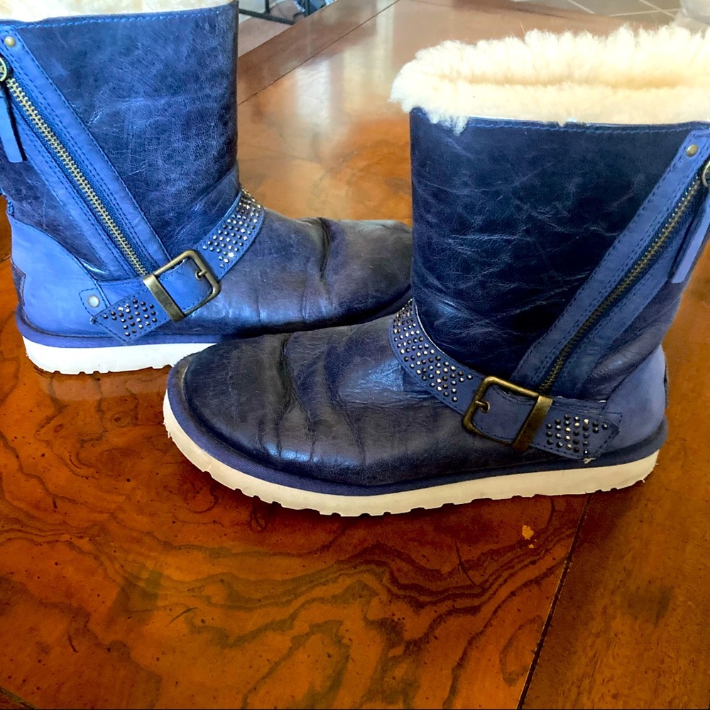 UGG boots, size 7, navy blue with embellishments on buckle, gently used